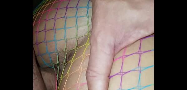  Wife gets creamy pussy fucked doggy in fishnet lingerie